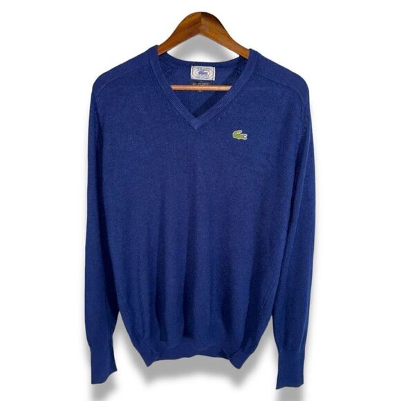 80s Navy Lacoste Alligator V-Neck Sweater Size L - Picture 1 of 6